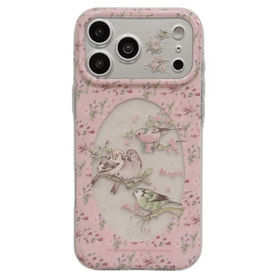 jze早春ins粉色碎花椭圆缕空喜鹊小鸟适用苹果17ProMax手机壳iphone15新款16pro少女心17pro双层14防摔手机套