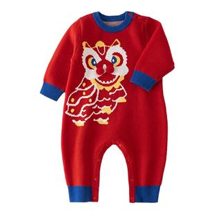 汤尼倍儿婴儿针织连体衣秋冬季新年满月服红色宝宝毛衣过年拜年服