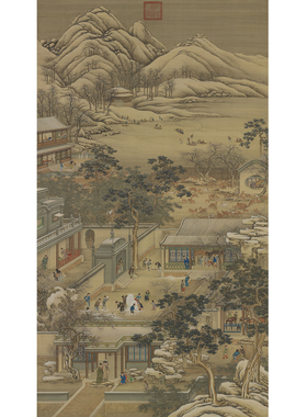 宋代美学新中式十二月令自粘画茶室书房青山绿水亭台楼阁装饰画心