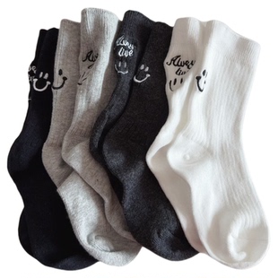 3双包邮-春秋冬韩版男女童黑白刺绣笑脸学院风纯棉运动袜子杠杠袜