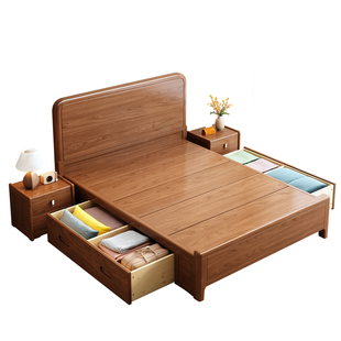 实木床1米2儿童储物床全实木胡桃木床现代简约1米35小户型收纳床