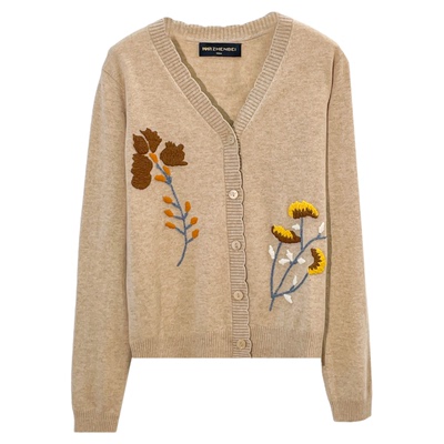 珍贝山羊绒高支纱V领绣花女开衫