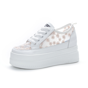 真皮爆款花朵内增高小白鞋女夏季厚底运动鞋网纱透气休闲松糕网鞋