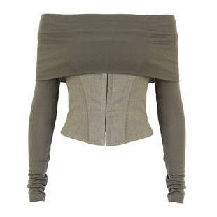 PynkiSwear 岩白/灰藻绿一字肩修身上衣/设计感鱼骨收腰抹胸套装