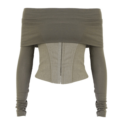 PynkiSwear 岩白/灰藻绿一字肩修身上衣/设计感鱼骨收腰抹胸套装