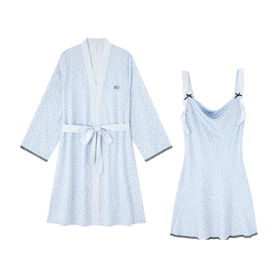 BE豹纹睡裙睡袍套装女慕丝荡领春