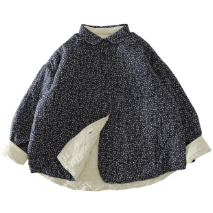 冬季新款甜美碎花夹棉两面穿棉衣女文艺翻领宽松百搭保暖棉服外套