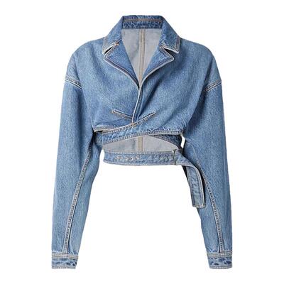 辣妹设计感交叉收腰短款牛仔外套