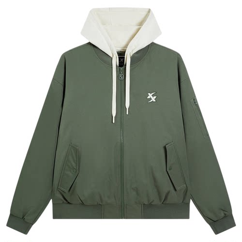 特步男子运动棉衣连帽秋冬季范丞丞同款假两件棉服防泼水防风外套