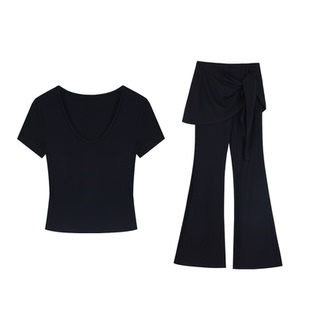 pusumede懒人套装|v领短袖t恤女修身 假两件系带屁帘微喇瑜伽长裤