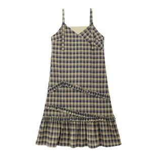 120斤的大杨 胖mm森系显瘦格子连衣裙秋小清新木耳边小个子背带裙