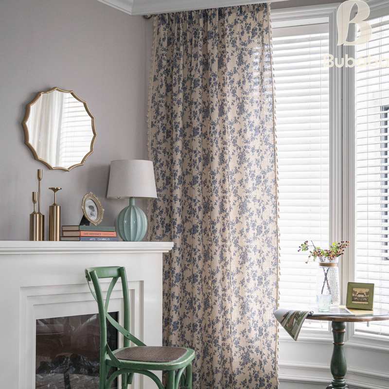 布爸爸成品窗帘批发棉麻装饰帘米色遮光飘窗印花厨房半小窗流苏帘