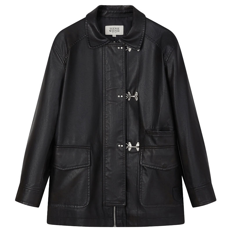 TeenieWeenie小熊女装秋季飞机扣翻领机车pu皮衣外套美式黑色夹克