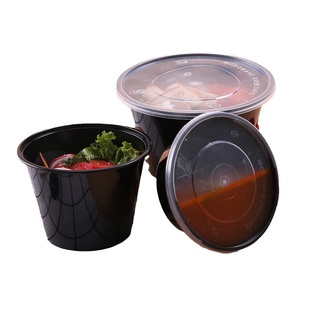 黑色圆形打包盒一次性饭盒450碗1250ml带盖外卖1000小碗菜快餐盒