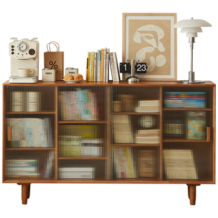 日式书柜实木矮柜落地柜家用带门防尘收纳柜樱桃木色储物柜格子柜