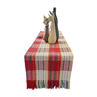 复古红白格编织流苏棉线长条桌旗桌布茶艺餐垫桌垫派对拍照道具布