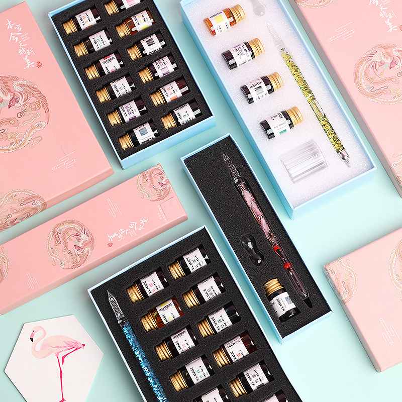 干花玻璃笔套装内嵌花墨创意笔送老师同学礼品粉彩蘸水笔金玻璃笔