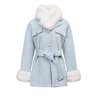 蓝色拼毛领袖口收腰系带大衣