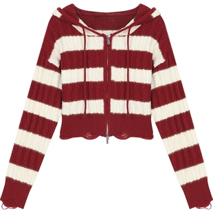 妖精的口袋红色条纹连帽毛衣女2025年冬季新款设计感甜美新年穿搭