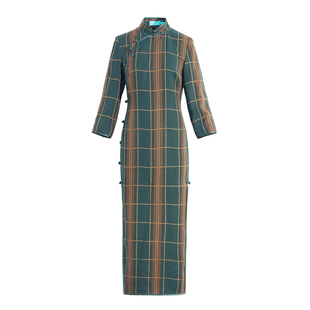 绿尘烟*三重门秋冬款新中式绢纺香云纱妈妈长袖旗袍上海修身显瘦