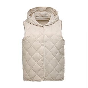 新款羽绒马甲女背心菱形格小香风短款连帽宽松内胆内搭外套