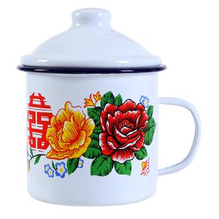 搪瓷杯老式怀旧复古款马克杯带盖大容量喜字水杯700ml大铁茶缸子