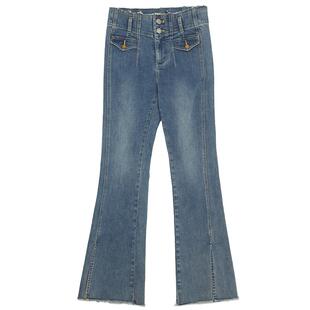 谜底牛仔喇叭裤女春新款复古高腰修身微喇开叉长裤241MK0006