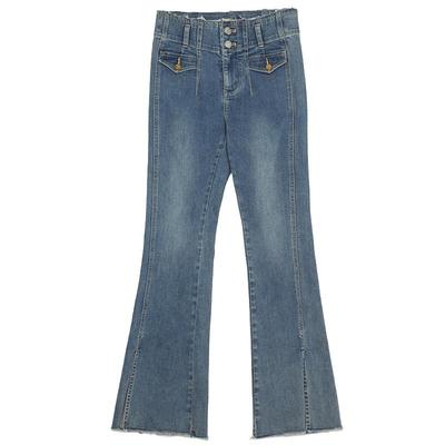 谜底牛仔喇叭裤女春新款复古高腰修身微喇开叉长裤241MK0006