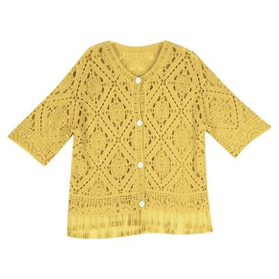 利达 NEW DADADA【暖屿旅途】黄色镂空针织衫女长袖修身开衫上衣