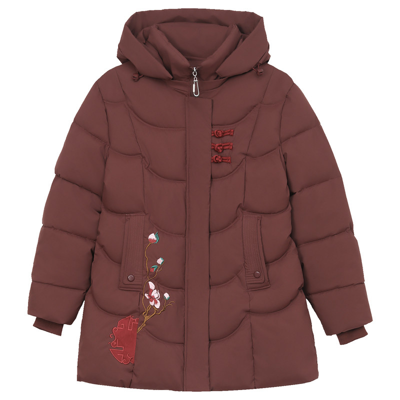 中老年妈妈连帽绣花加厚保暖棉服