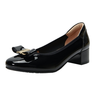 商场同款百田森牛漆皮浅口单鞋女春新中粗跟蝴蝶结真皮单鞋