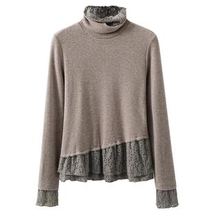 夕蒙2025新款冬季韩系气质上衣小个子小众蕾丝拼接假两件长袖t恤