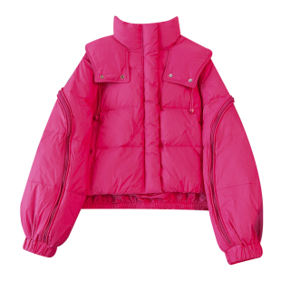 玫红色独特设计感小众短款连帽羽绒服女2025冬新款小个子加厚外套