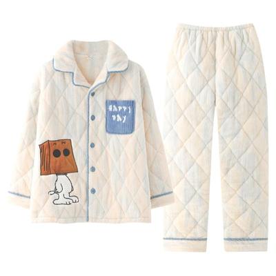 猫人睡衣男款冬季三层夹棉2024新款珊瑚绒加绒加厚卡通保暖家居服