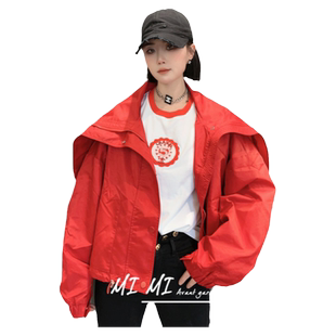 韩版宽松大口袋荷叶边披肩风衣外套女2026春季新款拉链短上衣