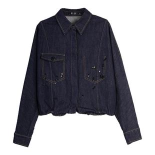 ELLE复古高级感钉珠牛仔外套女2025秋季新款翻领时尚通勤短上衣