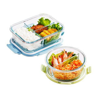 玻璃饭盒微波炉加热专用碗上班族分隔圆形三分格密封便当保鲜盒