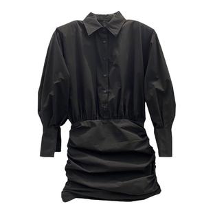 2025春装白色轻奢高级感衬衫式长袖连衣裙小个子褶皱包臀短裙