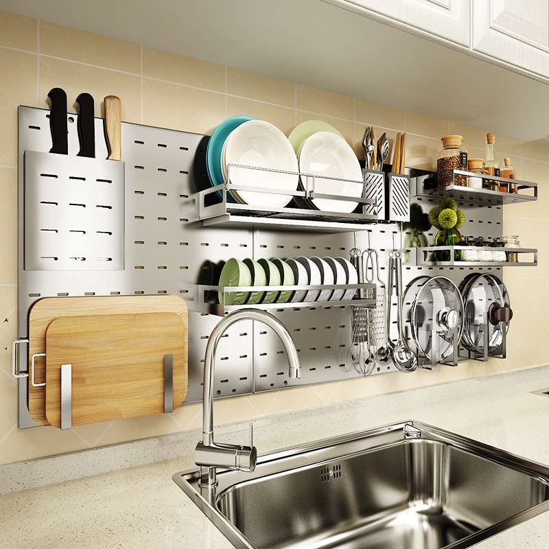 新款直销304不锈钢厨房置物架壁挂式洞洞板收纳墙上挂件挂架碗架