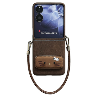 轻调 卡通月坑纹棕色猫咪支架手提绳适用于小米MIX Flip2手机壳全包新款MIX限量版flip折叠屏翻盖防摔保护套