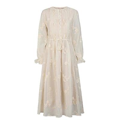 sdeer圆领风琴褶收腰绣花连衣裙