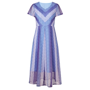 马天奴女装夏蓝白波点条纹印花雪纺连衣裙子V领短袖中长款气质