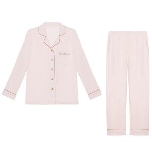 爱慕睡衣女春秋纯棉可外穿简约小翻领家居服分身套装AM466411