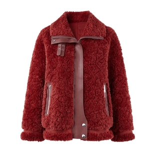 秋水伊人奥莱帅气机车风仿皮草红色短外套冬季女装拼接颗粒绒上衣