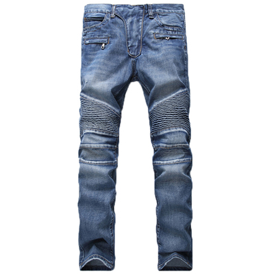 欧美潮流机车褶皱牛仔裤男士修身