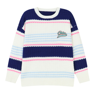 YUZI鱼子蓝粉撞色毛衣特大码女装复古温柔减龄宽松落肩袖秋冬胖mm