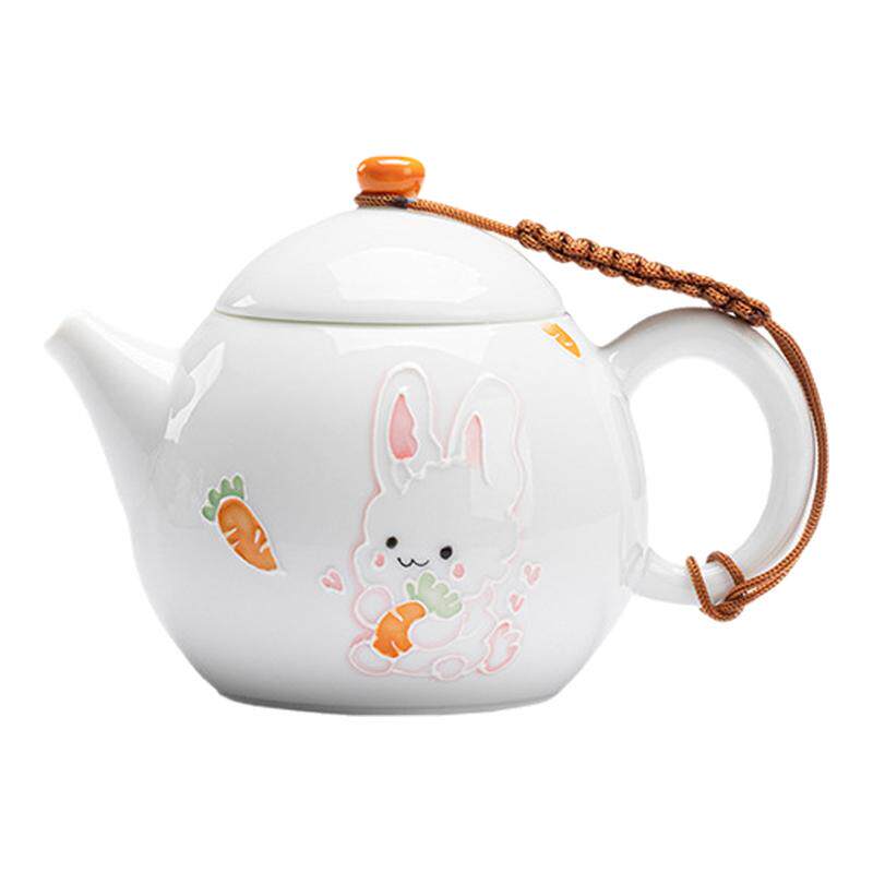 儿童茶艺卡通茶具手绘萌兔小茶壶小兔子玉泥白瓷球孔过滤陶瓷小壶
