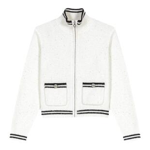 Maje Outlets秋冬女装时尚休闲白色拉链款立领螺纹短款针织开衫