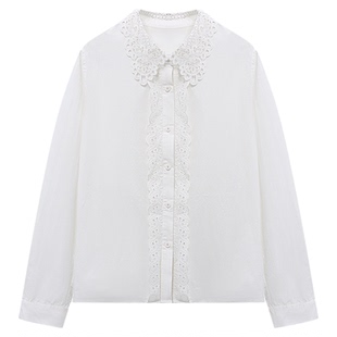 百家白色翻领蕾丝拼接衬衫女2026春季新款通勤衬衣显瘦超好看上衣