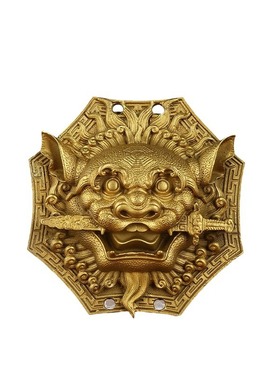 真铜瑞兽八角狮咬剑八卦镜摆件